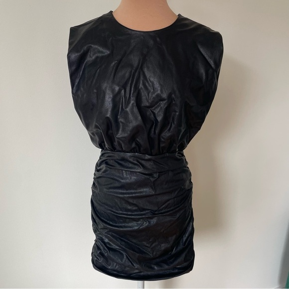 Amanda Uprichard Clifton Black Faux Leather Ruched Keyhole Back Mini Dress EUC S - Picture 4 of 10